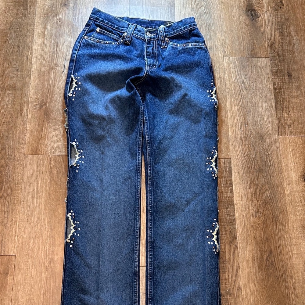 Lawman Western Jeans Women Blue Dark Wash Rhinestone Cutout Straight Leg Vintage